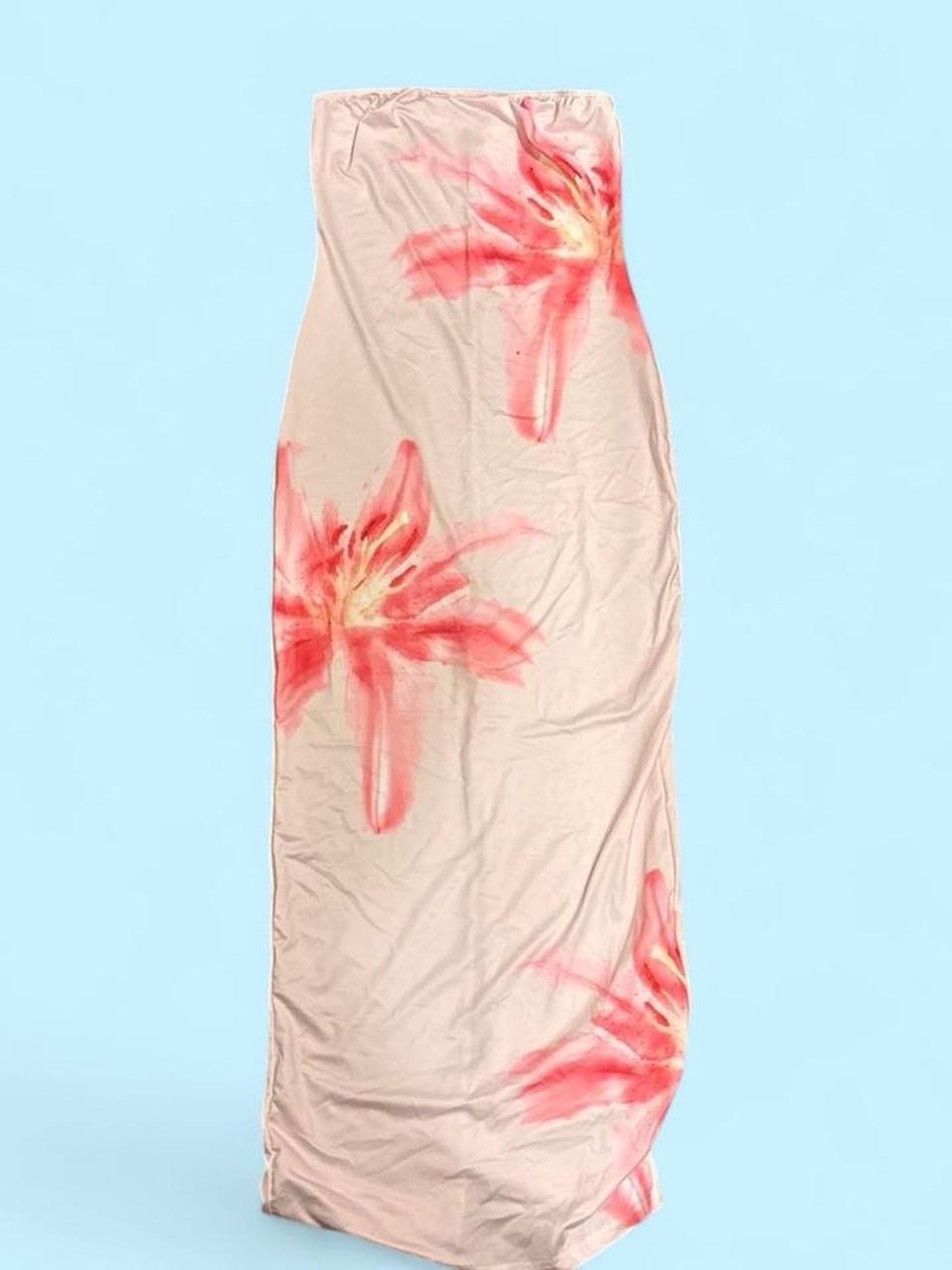 Strapless Maxi Dress in Blush with Coral Floral Print
